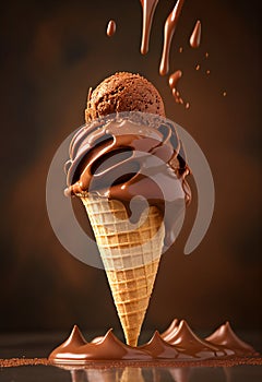 Scoop of crave-worthy dark rich chocolate ice cream in waffle cone with melting chocolate sauce splashes. AI generated