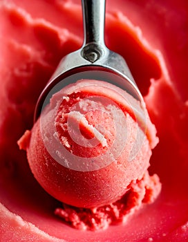 Scoop of crave-worthy frozen strawberry sorbet with velvety texture. Summer dessert healthy sugar free sweets. AI generated photo