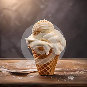 A scoop of creamy, homemade ice cream in a waffle cone1 photo