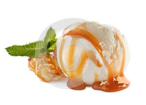 Scoop of delicious ice cream with caramel , mint and popcorn on white background