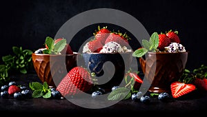 scoop of delicious ice cream, fresh strawberries. cream bowl , mint on a dark background