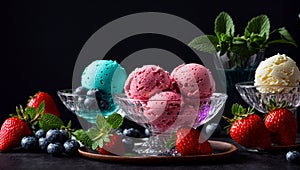 scoop of delicious ice cream, fresh strawberries. delicious tasty , mint on a dark background