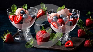 scoop of delicious ice cream, fresh strawberries. dessert tasty , mint on a dark background