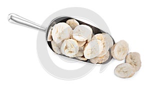 Scoop with freeze dried bananas on white background, top view