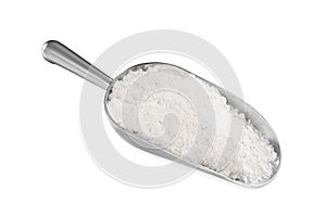 Scoop with fresh flour isolated on white