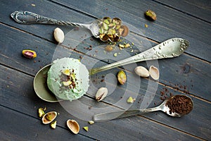 Scoop of homemade pistachio ice cream