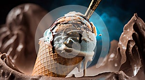 Scoop ice cream in a cone with chocolate topping. Dynamic background with crushed ice cream.