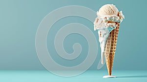 A Scoop of Ice Cream in Waffle Cone on a Blue Background