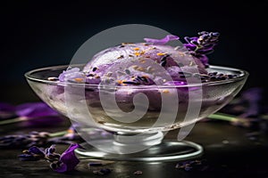 A scoop of lavender ice cream, garnished with edible flowers, served in a glass bowl - generative AI