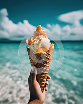 A scoop of mango ice cream in a waffle cone against a sandy beach and turquoise ocean-generative AI