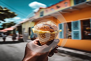 A scoop of passion fruit ice cream in a waffle cone against the background of the village - generative AI