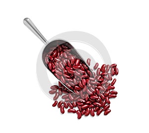 Scoop with raw red kidney beans on white background, top view