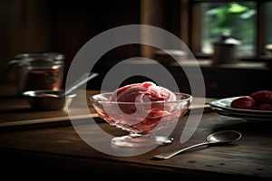 A scoop of strawberry ice cream in a glass dish - generative AI