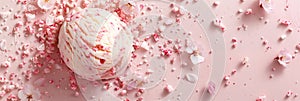 Scoop of strawberry ice cream surrounded by pink petal sprinkle on pink background banner. Panoramic web header. Wide