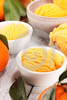 Scoop of tangarine orange ice cream. delicious icecream set