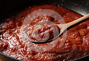 Scoop up the tomato sauce in the pan with a spoon