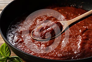 Scoop up the tomato sauce in the pan with a spoon