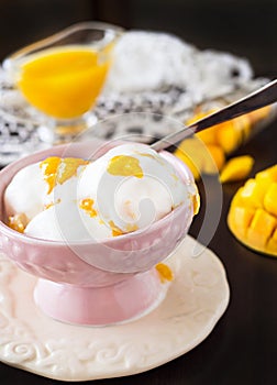 Scoop Vanilla ice cream with mango fruits and puree.