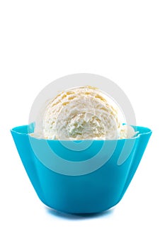 A Scoop of Vanilla Ice Cream in a Plastic Blue Bowl