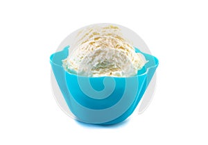 A Scoop of Vanilla Ice Cream in a Plastic Blue Bowl