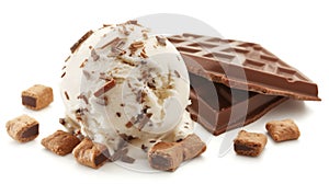 A scoop of vanilla ice cream sprinkled with chocolate shavings, accompanied by chocolate bar pieces and cocoa cookies