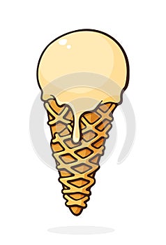 Scoop of vanilla ice cream in a waffle cone. Vector illustration. Hand Drawn Cartoon illustration with outline. Design element