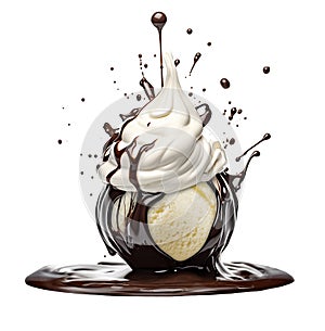 A scoop of vanilla ice cream wrapped in liquid chocolate sauce with a cap of cream as a free-form, Generative AI