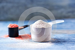 Scoop of Whey Protein and Creatine Powder. Sport nutrition. photo