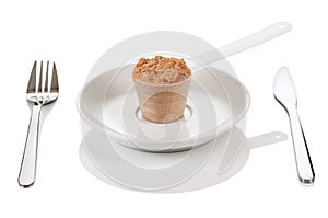 Scoop of whey protein on white background. Chocolate flawour