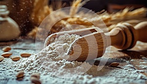 Scoop Of White Flour In A Wooden Container photo