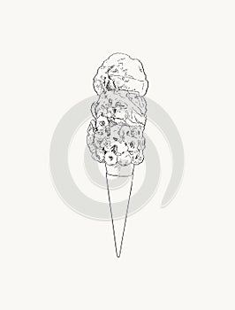 2 scoopes ice-cream cone , sketch vector.