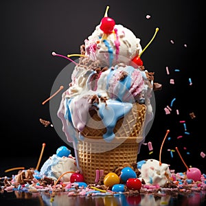 Scoopful Symphony, Colorful Ice Cream Cone Delight with Sprinkles, Cherries, and Chocolate Drizzle