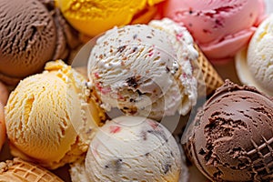 Scoops of Artisanal Vegan Ice Cream, mix of flavors, close up