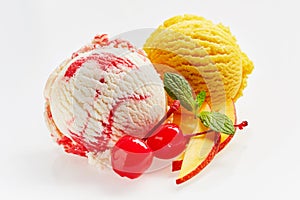 Scoops of Cherry Vanilla and Peach Ice Cream