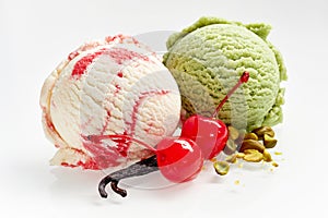 Scoops of Cherry Vanilla and Pistachio Ice Cream