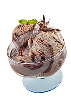 Scoops of chocolate flavored ice cream with flakes