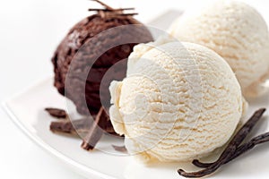 Scoops of Chocolate and Vanilla Ice Cream on Plate
