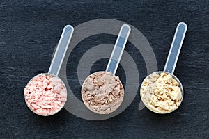 Scoops with different flavors protein powder