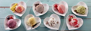 Scoops of different ice cream flavors in bowls