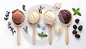 Scoops of different ice creams and ingredients on white