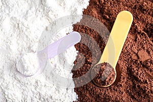 Scoops of different protein powders