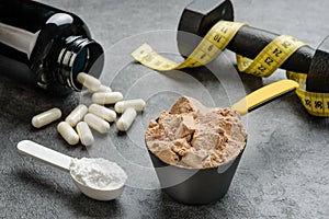 Scoops with protein and creatine close-up. The concept of sports nutrition and supplements