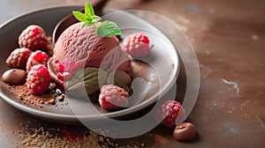 Scoops of raspberry chocolate ice cream with fresh berries on a dessert plate