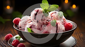 Homemade raspberry ice cream with fresh raspberry pieces on rustic wooden background