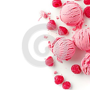 Scoops of raspberry ice cream scattered with whole raspberries photo