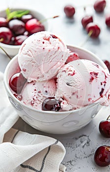 Scoops of Vanilla Ice Cream With Fresh Red Cherries in a White Bowl