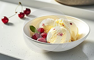 Scoops of Vanilla Ice Cream With Fresh Red Cherries in a White Bowl