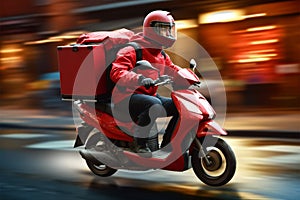 Scooter courier with a red backpack speeds to deliver food orders