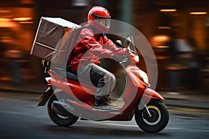 Scooter courier with a red backpack speeds to deliver food orders