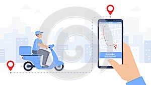 Scooter delivered food mobile app. Online delivery service, courier with parcel on scooter, smartphone tracking delivery